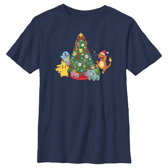 Boy's Pokemon Christmas Tree Characters Graphic Tee Navy Blue Small