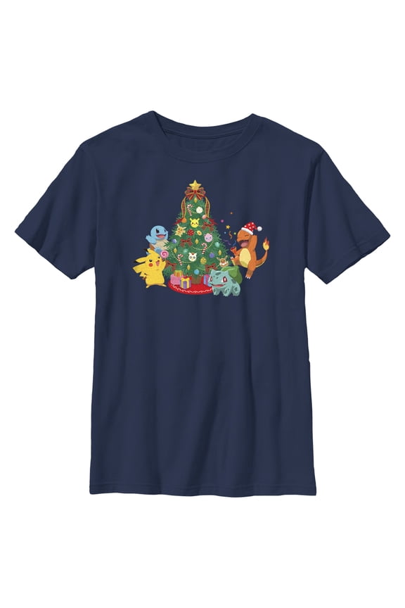 Boy's Pokemon Christmas Tree Characters Graphic Tee Navy Blue Small