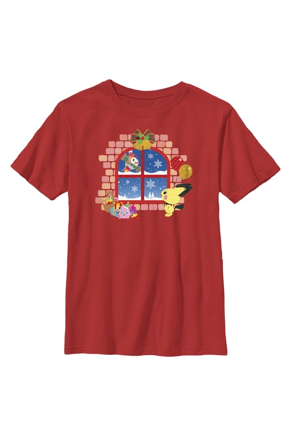 Boy's Pokemon Christmas Window Graphic Tee Red Large
