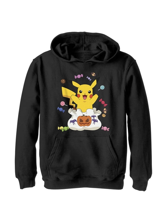 Boy's Pokemon Halloween Pikachu Candy Bag Pull Over Hoodie Black Small