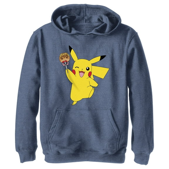 Boy's Pokemon Halloween Pikachu Jack-O'-Lantern Caramel Apple Pull Over Hoodie Navy Blue Heather Small