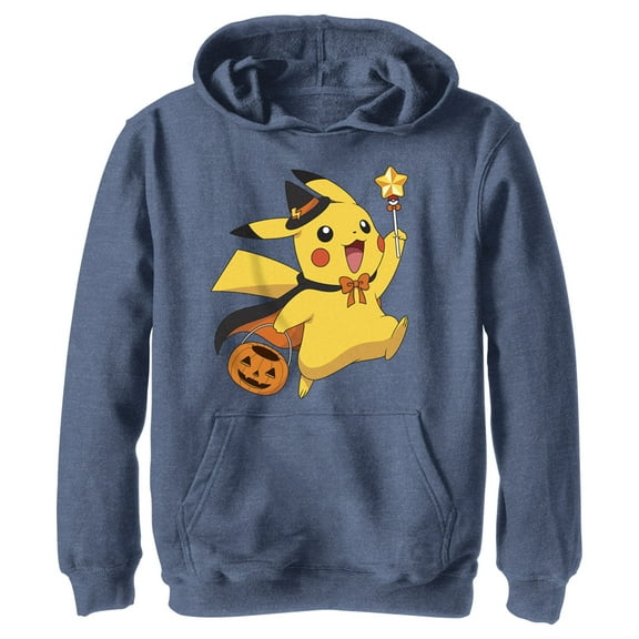 Boy's Pokemon Halloween Pikachu Wizard Pull Over Hoodie Navy Blue Heather Medium