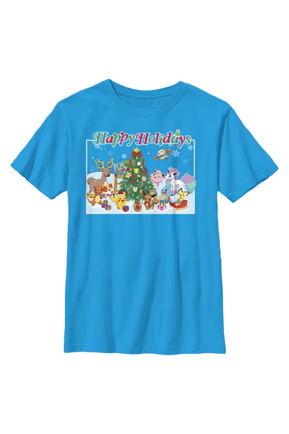 Boy's Pokemon Happy Holidays Crew  Graphic Tee Turquoise Large