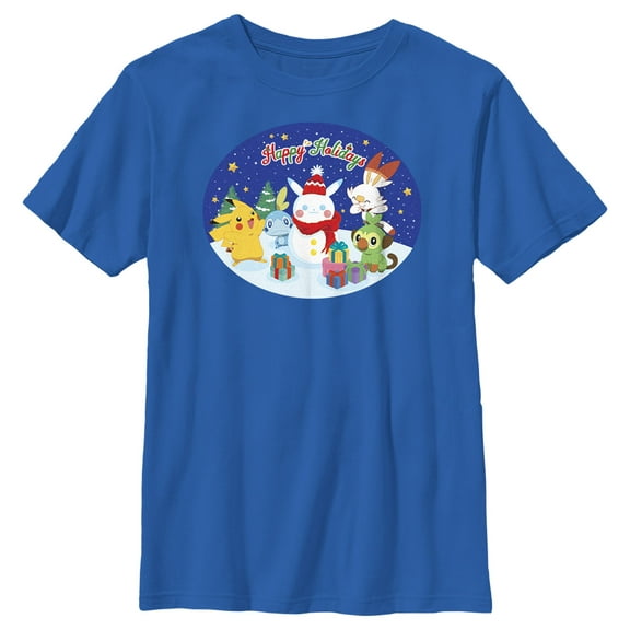Boy's Pokemon Happy Holidays Snowman Pikachu  Graphic Tee Royal Blue Large