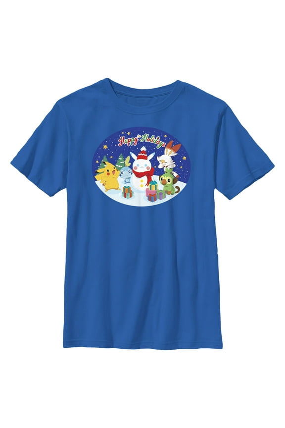 Boy's Pokemon Happy Holidays Snowman Pikachu Graphic Tee Royal Blue Small