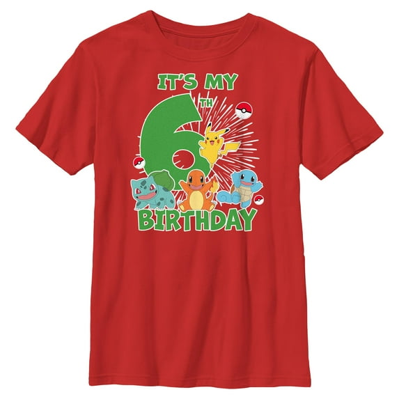 Boy's Pokemon It's My 6th Birthday Starters Graphic Tee Red Medium