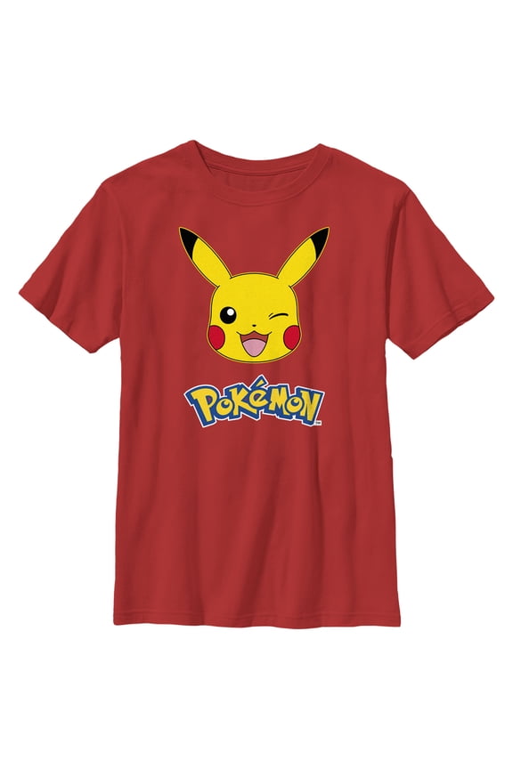 Boy's Pokemon Logo Pikachu Wink Graphic Tee Red X Small