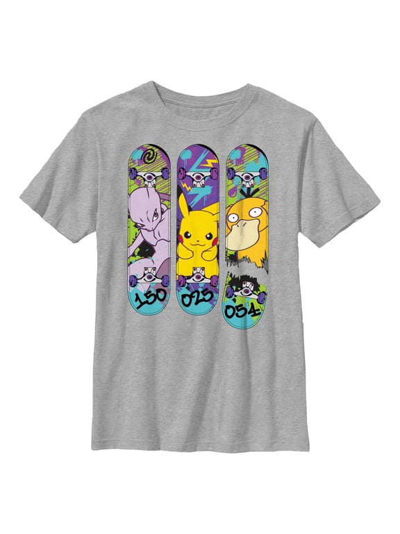 Boys' Husky Pokemon Mewtwo, Pikachu, and Psyduck Skateboard Decks Graphic T-Shirt
