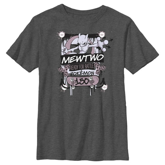 Boy's Pokemon Mewtwo Ready for Battle  Graphic Tee Charcoal Heather X Large