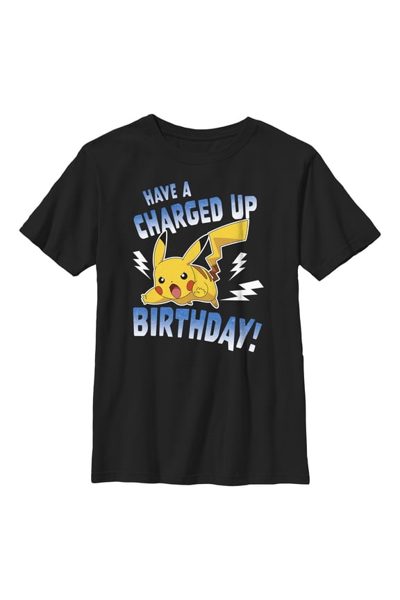 Boy's Pokemon Pikachu Have a Charged Up Birthday  Graphic Tee Black Small