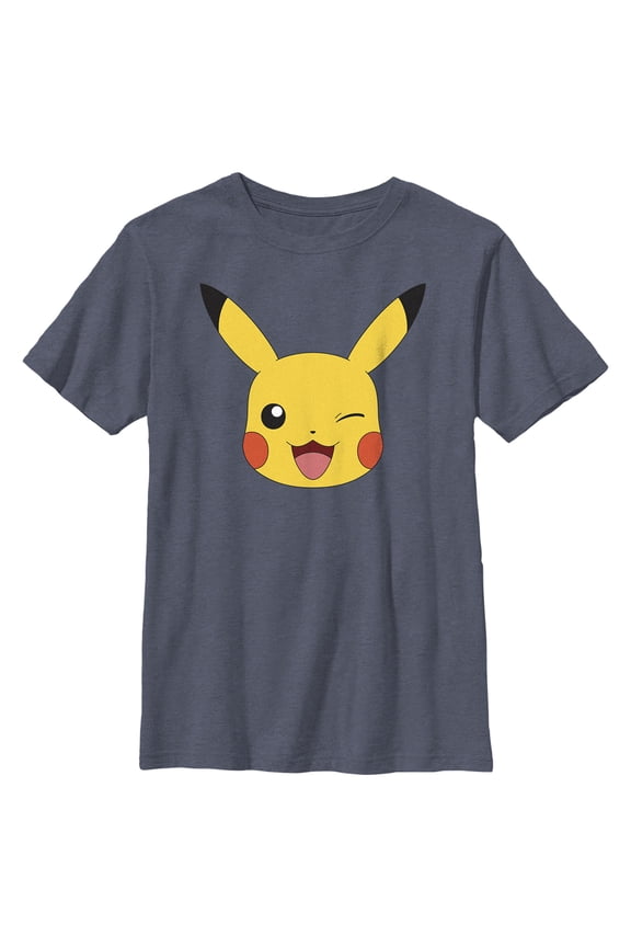 Boy's Pokemon Pikachu Wink Face Graphic Tee Navy Blue Heather Medium
