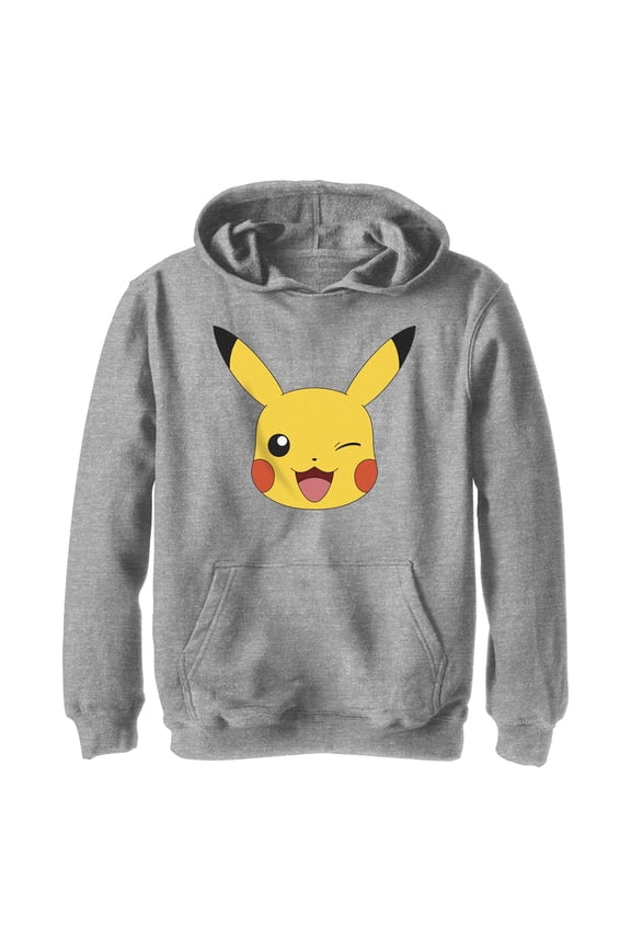 Boy's Pokemon Pikachu Wink Face  Pull Over Hoodie Athletic Heather Small