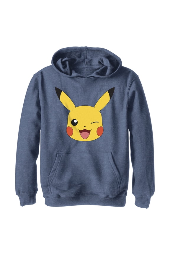 Boy's Pokemon Pikachu Wink Face  Pull Over Hoodie Navy Blue Heather Small