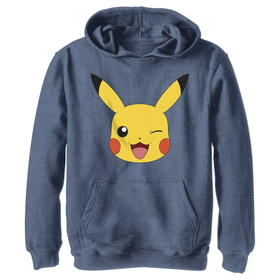Boy's Pokemon Pikachu Wink Face Pull Over Hoodie Navy Blue Heather Small