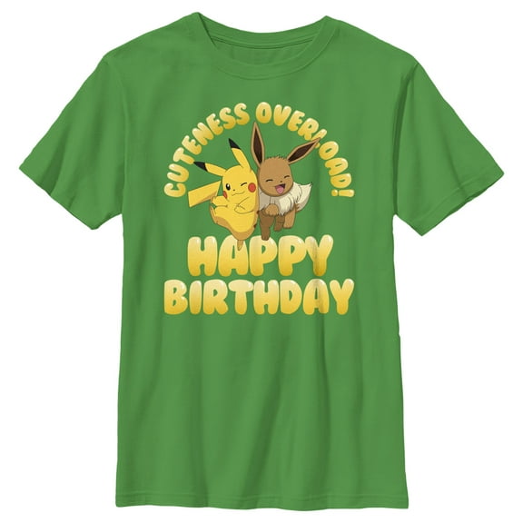Boy's Pokemon Pikachu and Eevee Cuteness Overload Happy Birthday Graphic Tee Kelly Green Medium