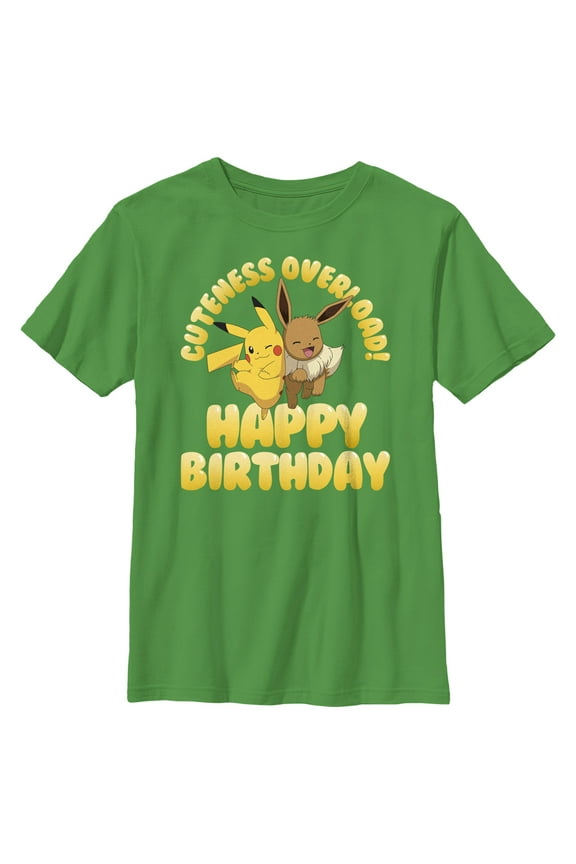 Boy's Pokemon Pikachu and Eevee Cuteness Overload Happy Birthday Graphic Tee Kelly Green Medium