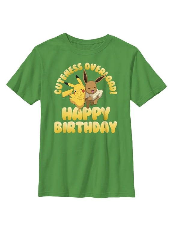 Boy's Pokemon Pikachu and Eevee Cuteness Overload Happy Birthday Graphic Tee Kelly Green Medium