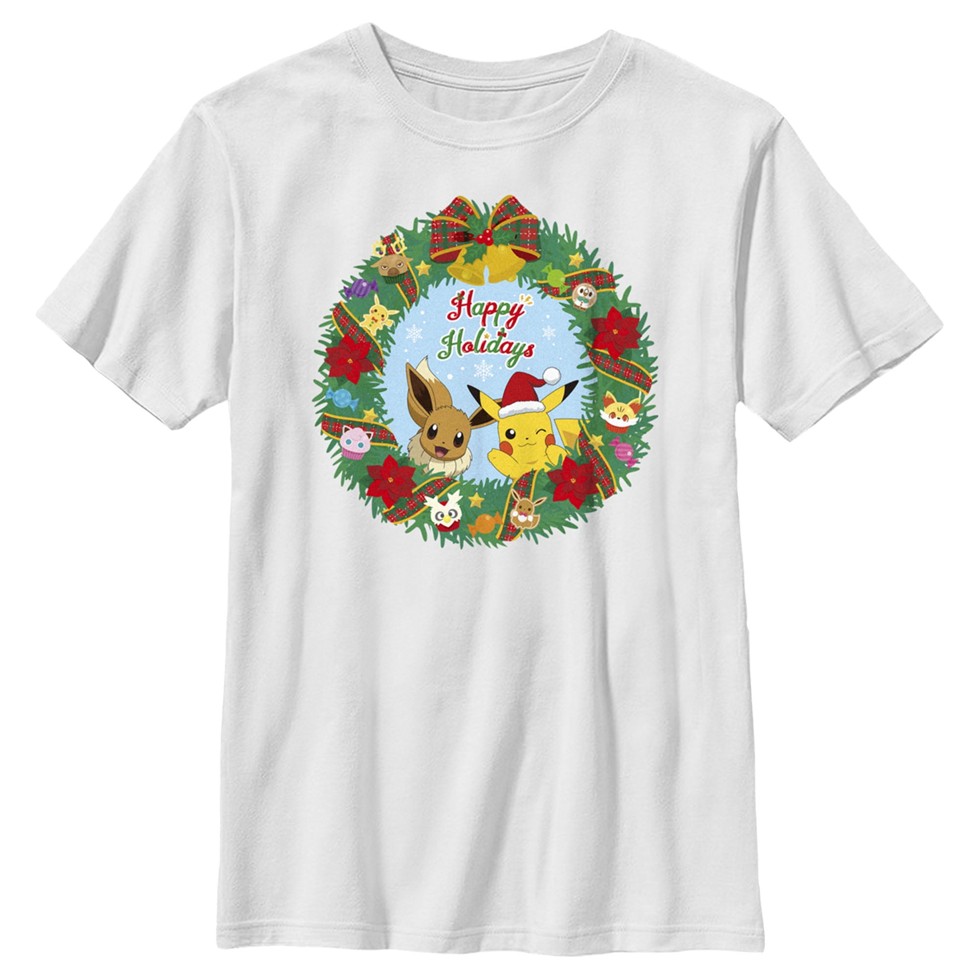 Boy's Pokemon Pikachu and Eevee Happy Holidays Graphic Tee White Large ...