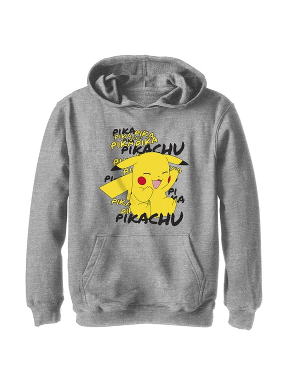 Boy's Pokemon Pikachu laughing Pull Over Hoodie Athletic Heather Large