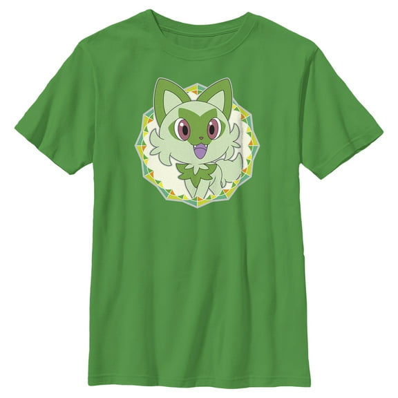 Boy's Pokemon Sprigatito Circle  Graphic Tee Kelly Green X Small