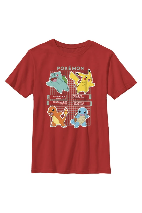 Boy's Pokemon Starters Grid Pokedex  Graphic Tee Red Large