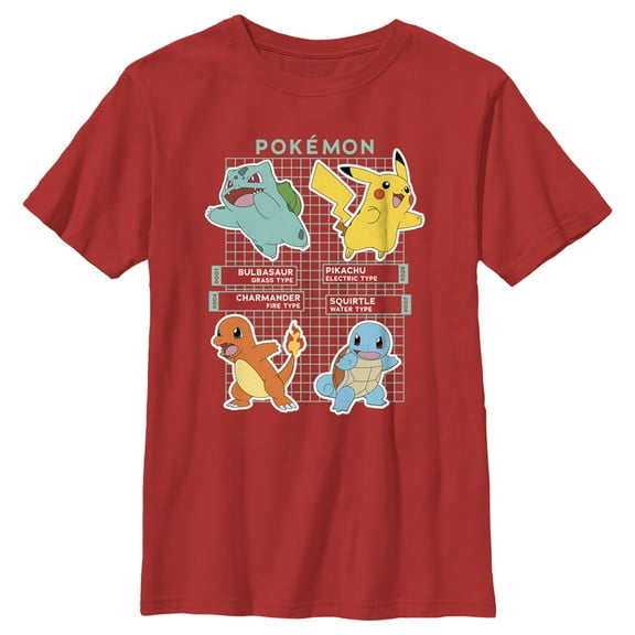 Boy's Pokemon Starters Grid Pokedex Graphic Tee Red Small
