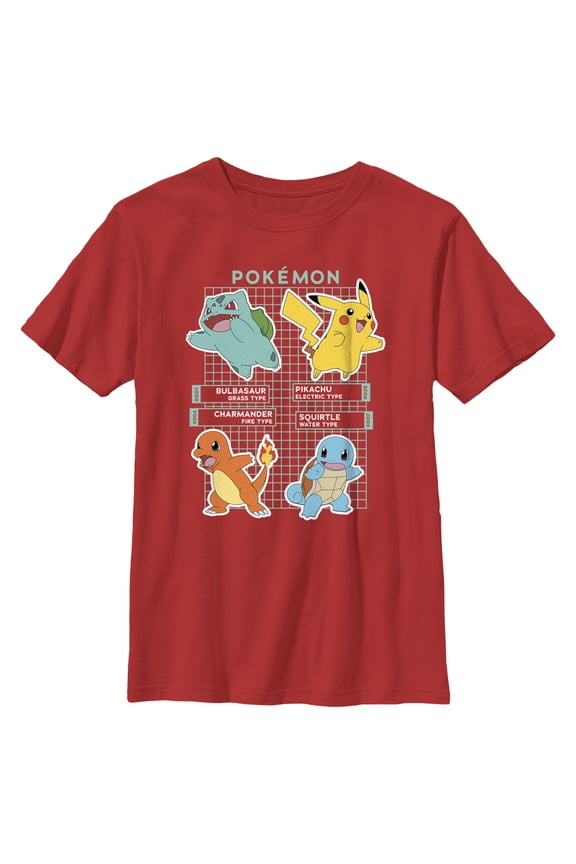 Boy's Pokemon Starters Grid Pokedex Graphic Tee Red X Large