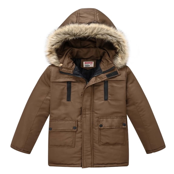 Boy's Puffer Jacket Lightweight Water-Resistant Winter Warm Insulated Parka Coat Mid-Length Outerwear Jackets with Detachable ry Hood Brown 7-8 Years
