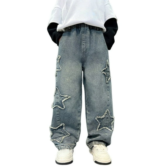 Boy's Pull On Jeans Cute Star Baggy Denim Pants Elastic Waist Wide Leg Jeans for Teen Straight Pattern Distressed Uniform