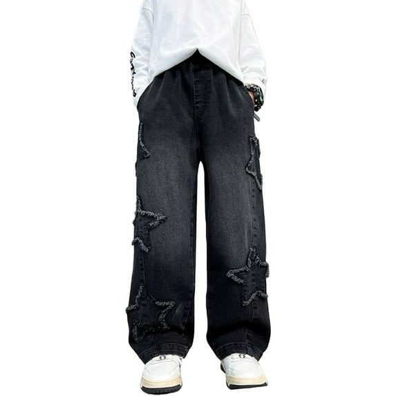 Boy's Pull On Jeans Cute Star Baggy Denim Pants Elastic Waist Wide Leg Jeans for Teen Straight Pattern Distressed Uniform