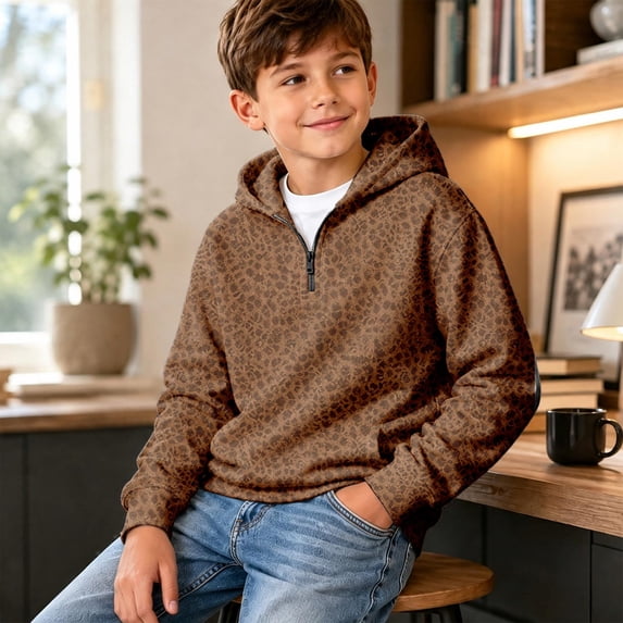 Boy's Quarter Zip Hoodies Leopard Print Long Sleeve Pullover Tops