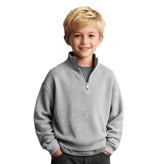Boy“s Quarter Zip Waffle Sweatshirts Casual Long Sleeve Solid Color Geometric Texture Pullover Knit Polo Sweatshirt ,Gray - 110