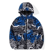 Boy's Rain Jacket Lightweight Breathable Raincoat Waterproof Hooded Rain Jacket Blue White Scrawl 10