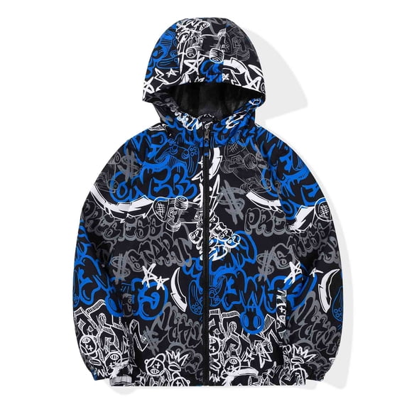 Boy's Rain Jacket Lightweight Breathable Raincoat Waterproof Hooded Rain Jacket Blue White Scrawl 10