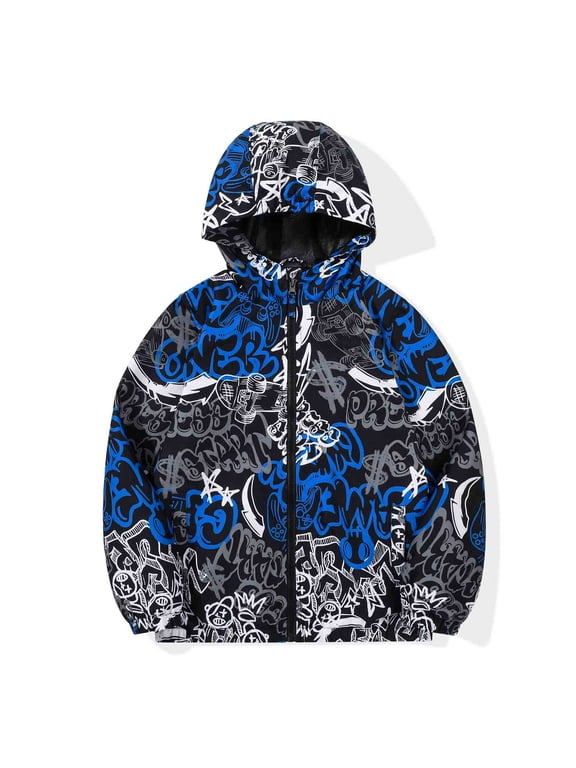 Boy's Rain Jacket Lightweight Breathable Raincoat Waterproof Hooded Rain Jacket Blue White Scrawl 10