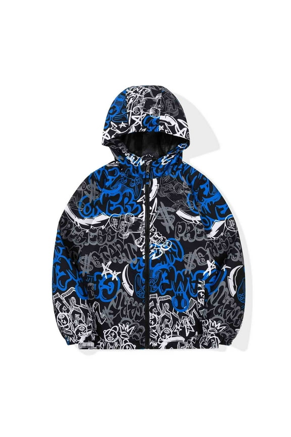 Boy's Rain Jacket Lightweight Breathable Raincoat Waterproof Hooded Rain Jacket Blue White Scrawl 8
