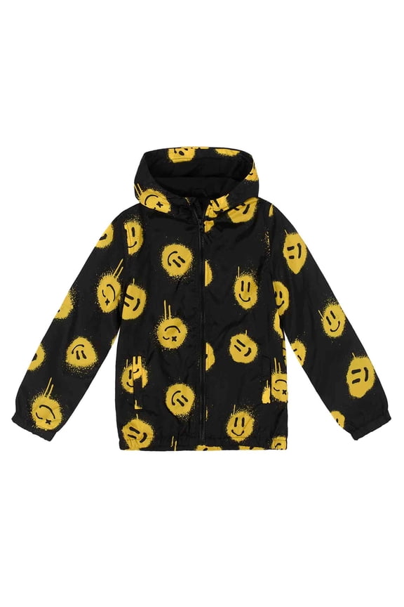 Boy's Rain Jacket Lightweight Breathable Raincoat Waterproof Hooded Rain Jacket Yellow Smiley Size 16