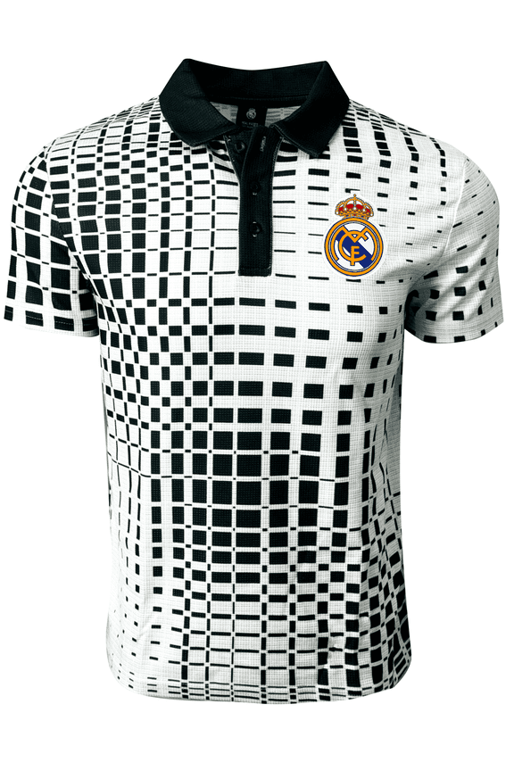 Real Madrid Polo, White/Black Pixel Print, 100% Poly, YS-XXL