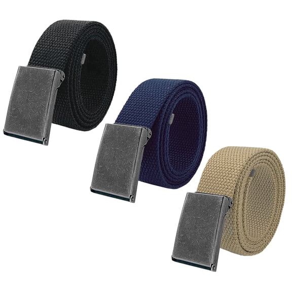 Boy's School Uniform 3 pack Distressed Silver Flip Top Military Canvas Web Belts Medium Black, Navy, Khaki