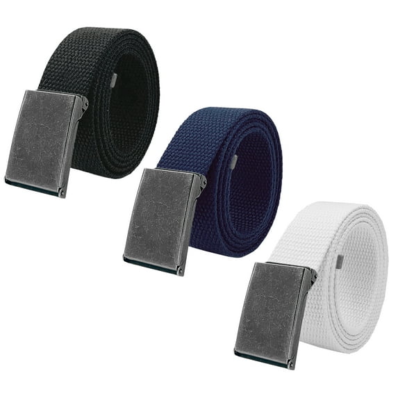 Boy's School Uniform 3 pack Distressed Silver Flip Top Military Canvas Web Belts X-Large Black, Navy, White