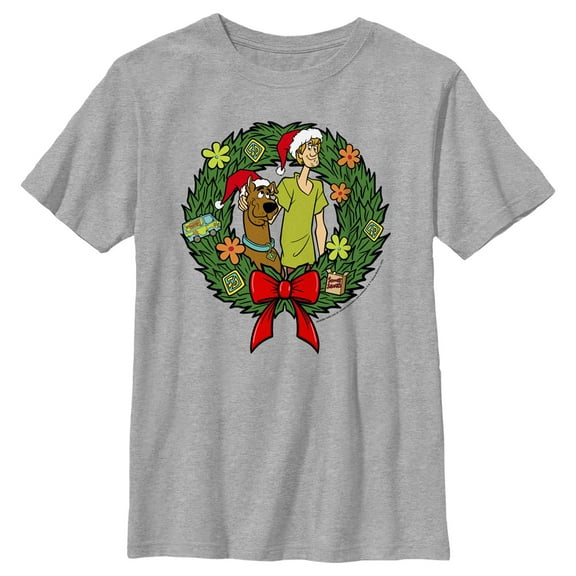 Boy's Scooby Doo Christmas Shaggy and Scooby Wreath Graphic Tee Athletic Heather X Large