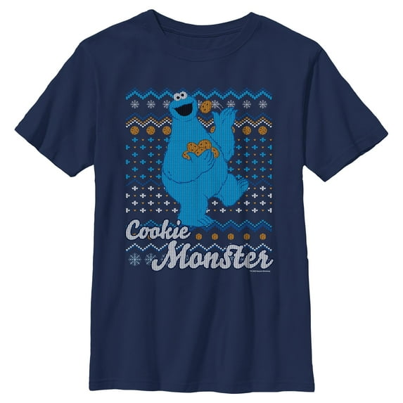 Boy's Sesame Street Cookie Monster Ugly Christmas Sweater Print Graphic T-Shirt