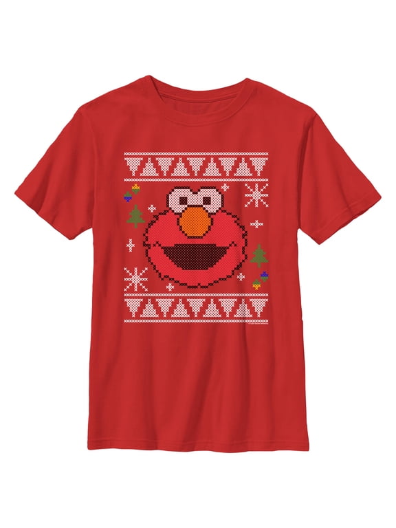Boy's Sesame Street Elmo Face Ugly Christmas Sweater Print Graphic T-Shirt