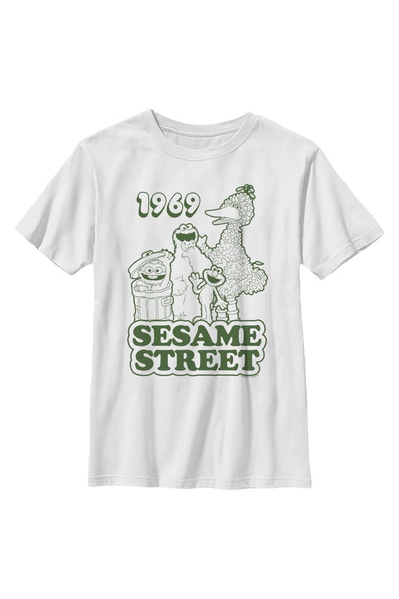 Boy's Sesame Street Group Green Outline 1969 Graphic T-Shirt