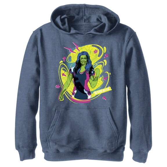 Boy's She-Hulk: Attorney at Law Real Life Vs Cartoon  Pull Over Hoodie Navy Blue Heather Small