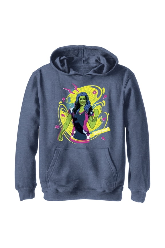 Boy's She-Hulk: Attorney at Law Real Life Vs Cartoon Pull Over Hoodie Navy Blue Heather Small