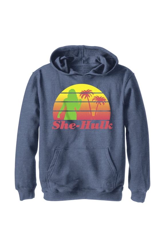 Boy's She-Hulk: Attorney at Law Sunset Green Hero Pull Over Hoodie Navy Blue Heather Small