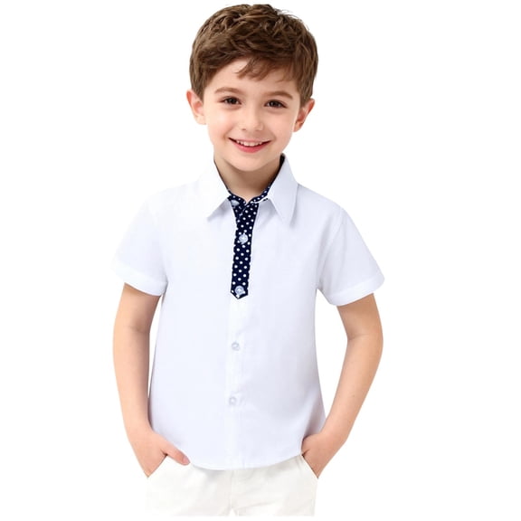 Boy's Short Sleeve Shirts Button Down Lapel Embroidery Tops Color Block Casual Loose Summer Stylish T-Shirt (4-5 Years, White-C)
