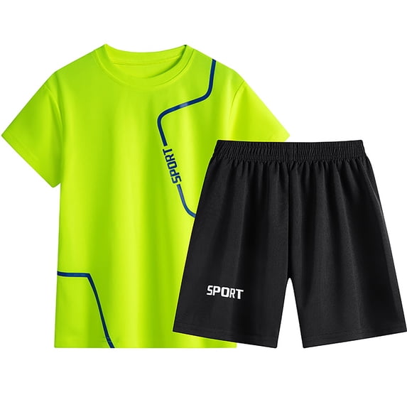 Boy's Short Sleeved Running Suit Casual Quick Drying Kids Summer T Shirt Shorts Two Piece Set,Green,160