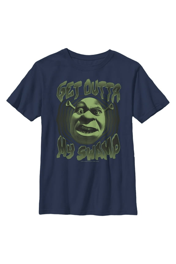 Boy's Shrek Get Outta My Swamp Shrek Face Graphic Tee Navy Blue Large